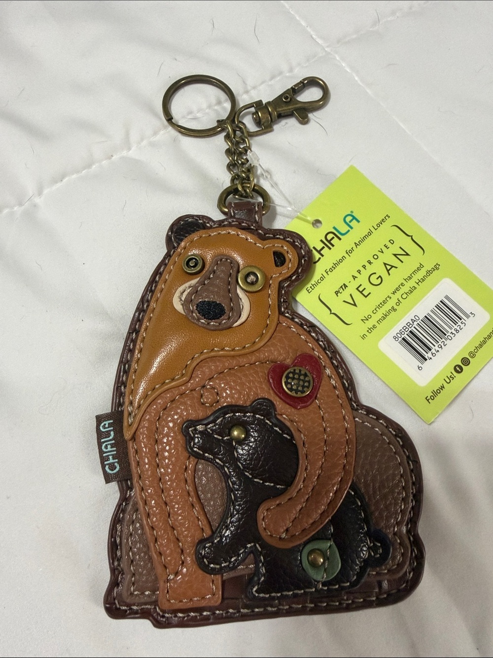 Chala Two Bear Key Fob/Coin Purse/Bag Charm with antique brass hardware.